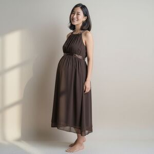 Motherhood Maternity Brown Midi Dress | Sleeveless Tie Belt Semi-Formal Small